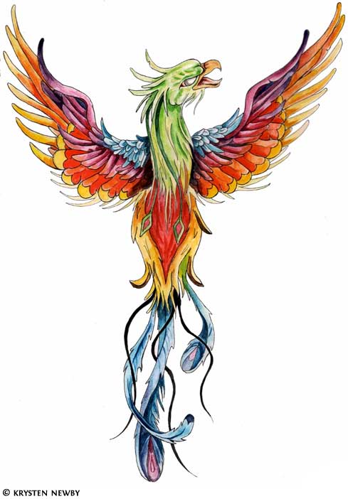 Colorful Flying Phoenix Bird Tattoo Design
