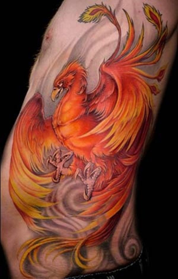 Colorful Flying Phoenix Bird Tattoo On Man Left Side Rib