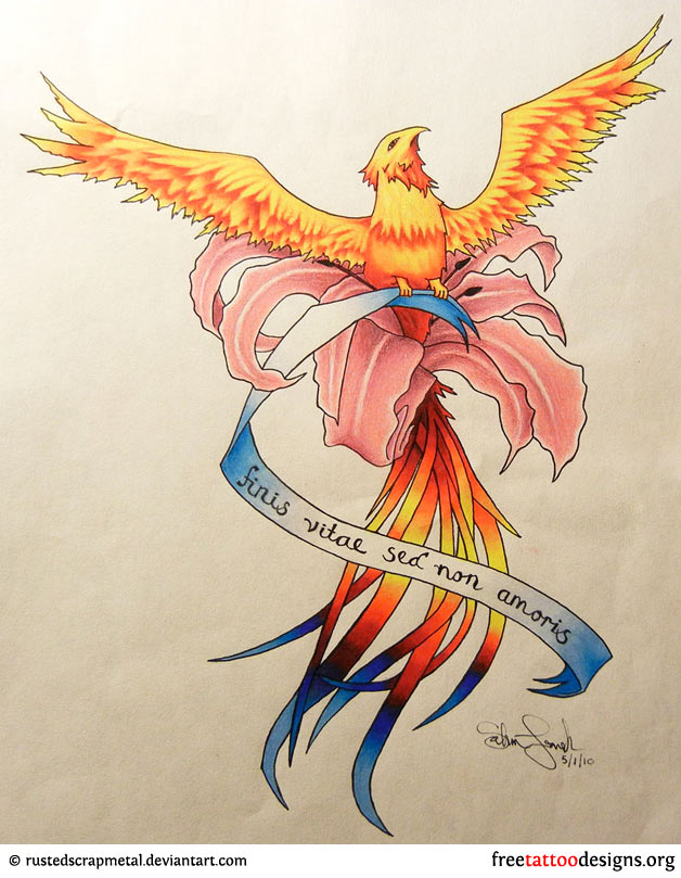 Colorful Flying Phoenix Bird With Banner Tattoo Design