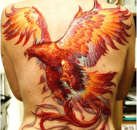 Colorful Flying Phoenix Tattoo On Full Back