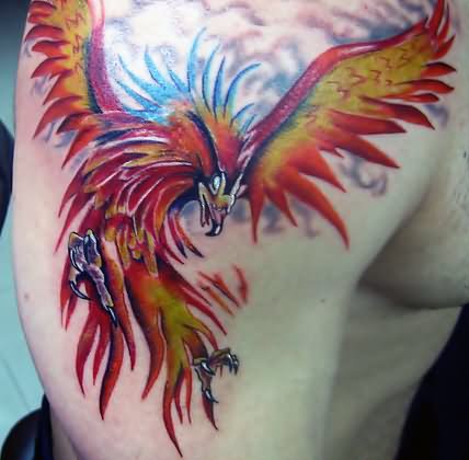 Colorful Flying Phoenix Tattoo On Right Shoulder
