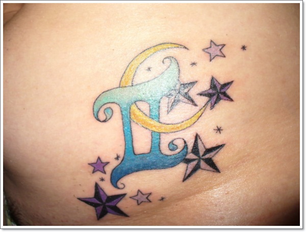 Colorful Gemini Zodiac Sign With Half Moon And Nautical Stars Tattoo Design