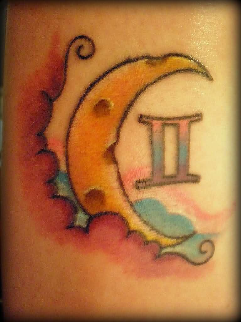 Colorful Gemini Zodiac Sign With Half Moon Tattoo Design