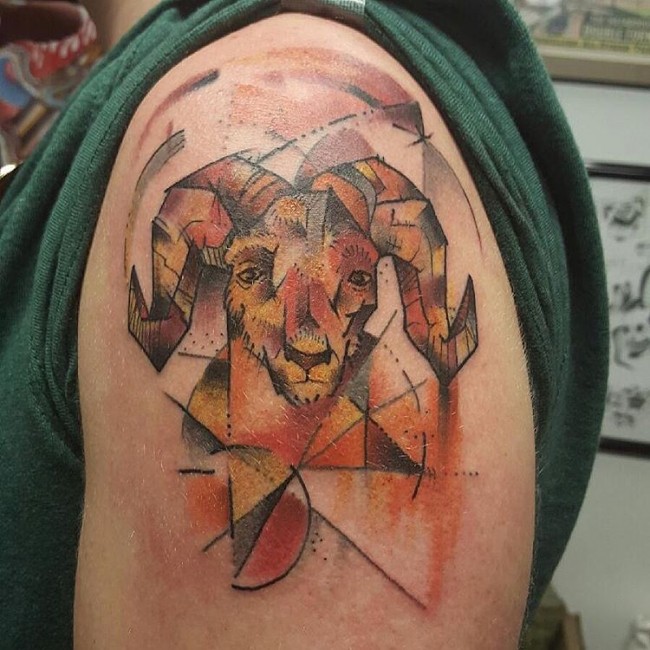 Colorful Geometric Aries Zodiac Sign Tattoo On Left Shoulder