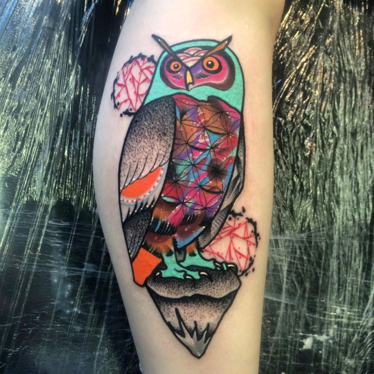 Colorful Geometric Owl Tattoo Design For Leg