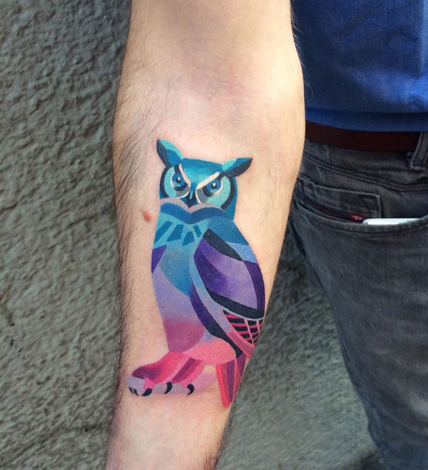 Colorful Geometric Owl Tattoo On Right Forearm