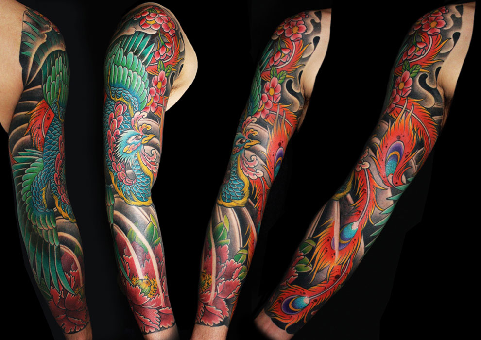 Colorful Japanese Phoenix Tattoo On Full Sleeve