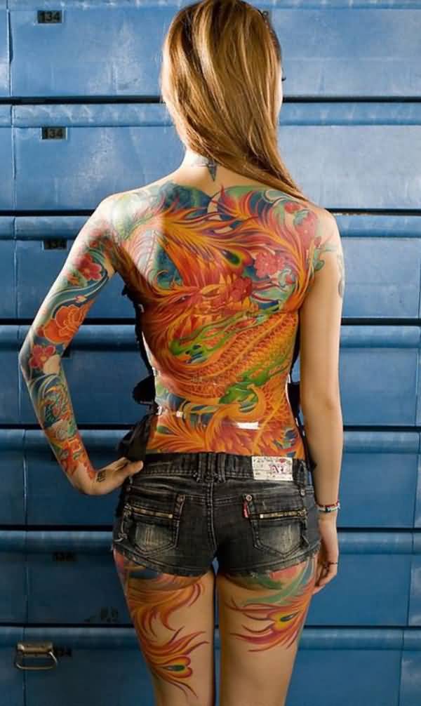 Colorful Japanese Phoenix Tattoo On Girl Full Back