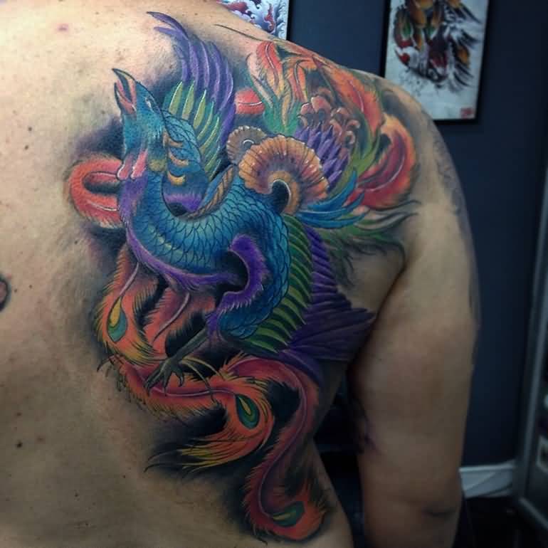 Colorful Japanese Phoenix Tattoo On Right Back Shoulder