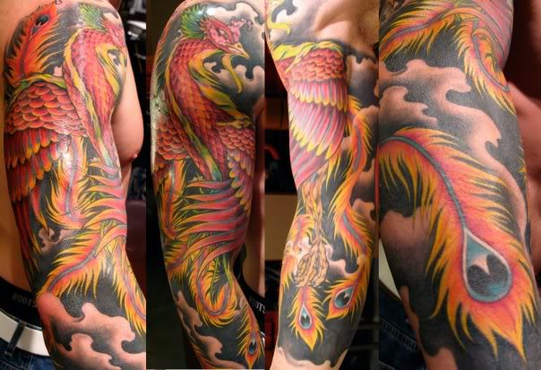 Colorful Japanese Phoenix Tattoo On Right Full Sleeve