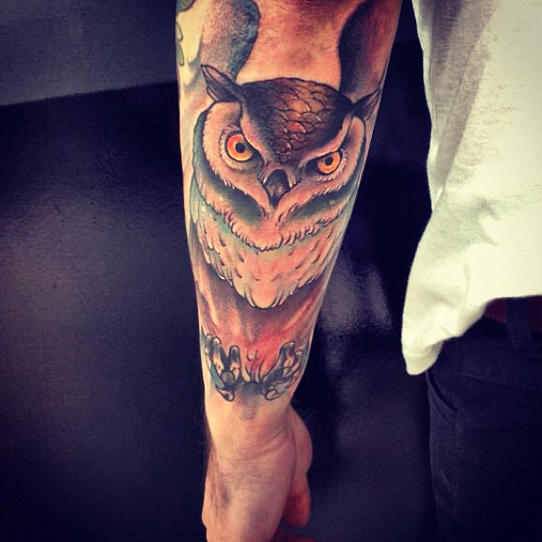 Colorful Owl Bird Tattoo On Left Forearm