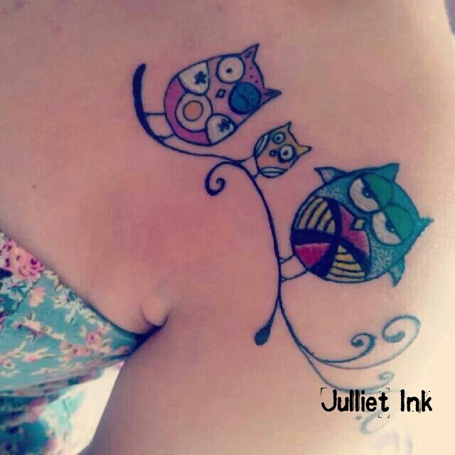 Colorful Owl Family Tattoo On Left Front Shoulder