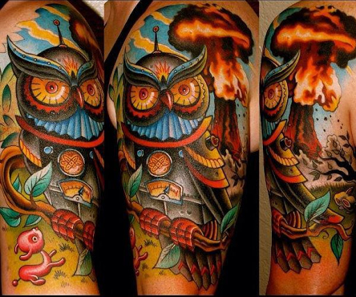 Colorful Owl Tattoo Design For Half Sleeve