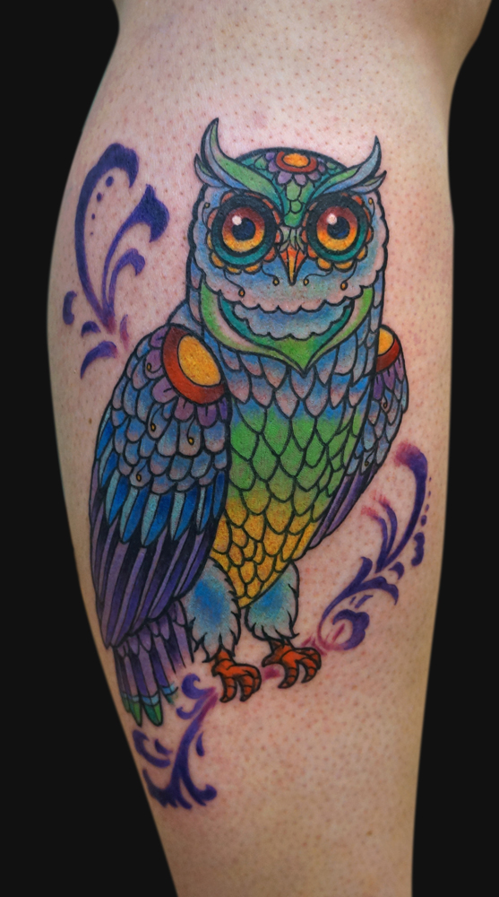 Colorful Owl Tattoo Design For Leg Calf