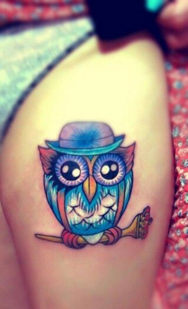 Colorful Owl Tattoo Design For Thigh