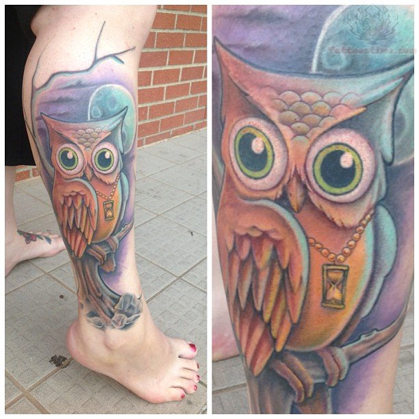 Colorful Owl Tattoo On Girl Right Leg