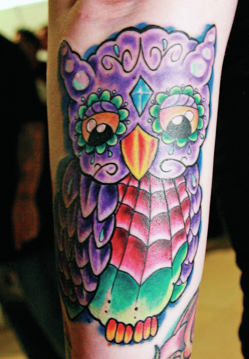 Colorful Owl Tattoo On Left Arm