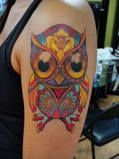 Colorful Owl Tattoo On Left Half Sleeve