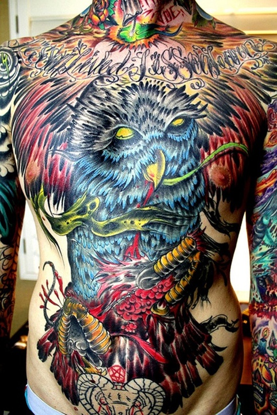 Colorful Owl Tattoo On Man Full Body