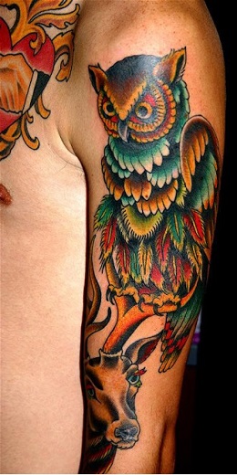 Colorful Owl Tattoo On Man Left Half Sleeve