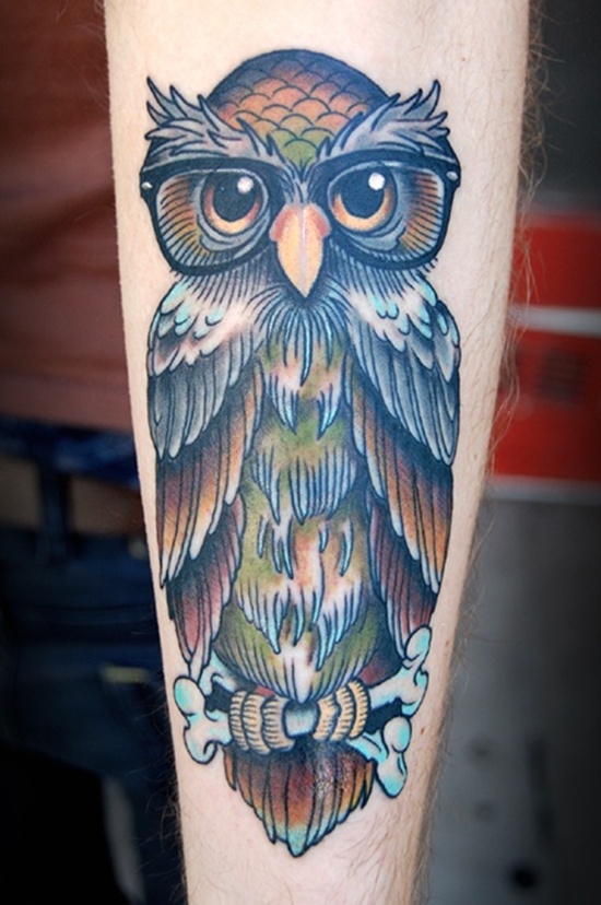 Colorful Owl Tattoo On Right Forearm