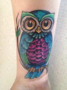 Colorful Owl Tattoo On Wrist