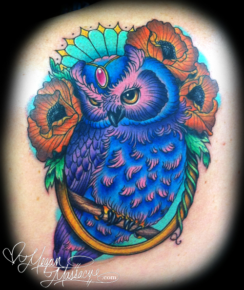 Colorful Owl With Flowers Tattoo Design