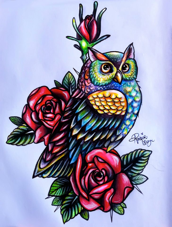 Colorful Owl With Roses Tattoo Design By Amber