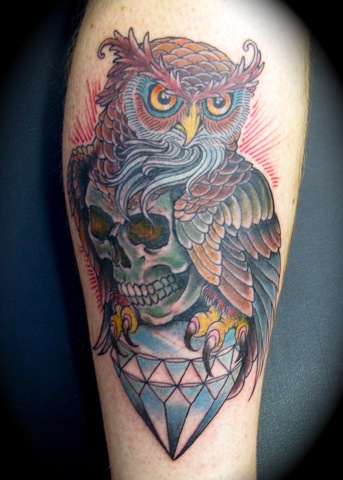 Colorful Owl With Skull On Diamond Tattoo Design For Sleeve By Adam Hays