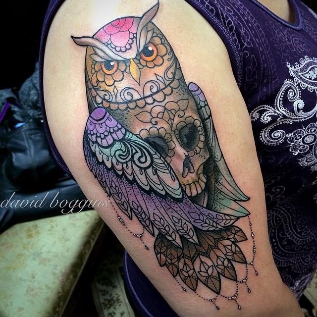 Colorful Owl With Skull Tattoo On Right Half Sleeve By David Boggins