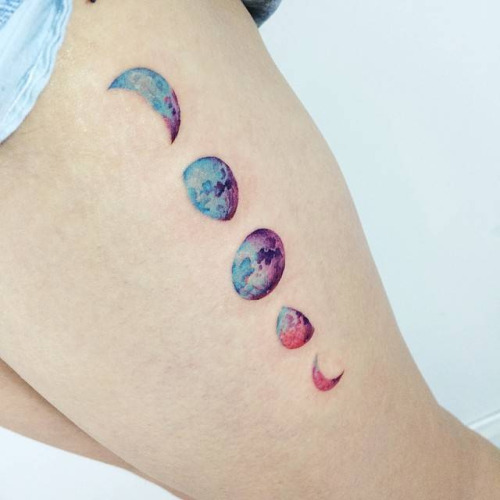 Colorful Phases Of The Moon Tattoo On Left Thigh By Smek