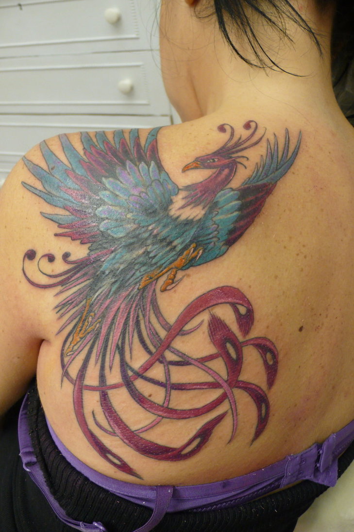 Colorful Phoenix Tattoo On Girl Left Back Shoulder