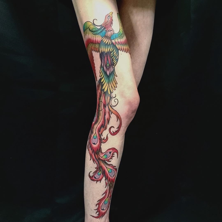 Colorful Phoenix Tattoo On Girl Right Full Leg
