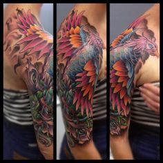Colorful Phoenix Tattoo On Girl Right Half Sleeve