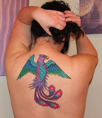 Colorful Phoenix Tattoo On Girl Upper Back