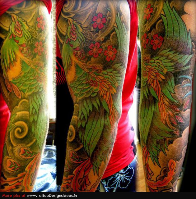 Colorful Phoenix Tattoo On Left Full Sleeve