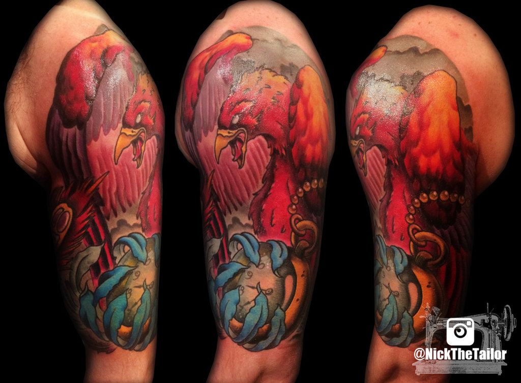 Colorful Phoenix Tattoo On Left Half Sleeve