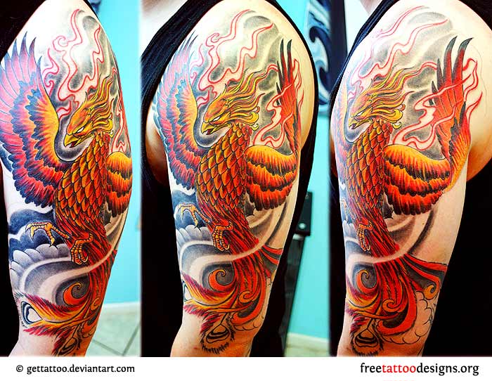 Colorful Phoenix Tattoo On Man Left Shoulder