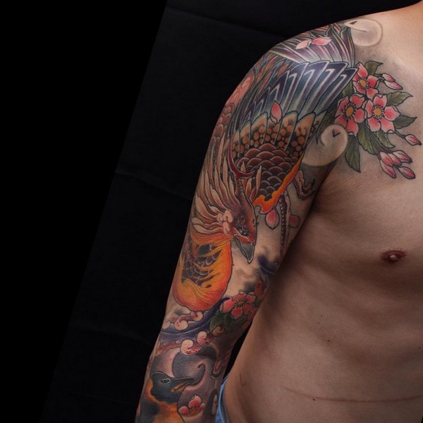 Colorful Phoenix Tattoo On Man Right Full Sleeve
