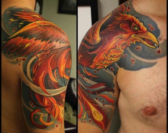 Colorful Phoenix Tattoo On Man Right Shoulder