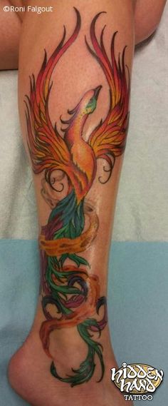 Colorful Phoenix Tattoo On Right Leg