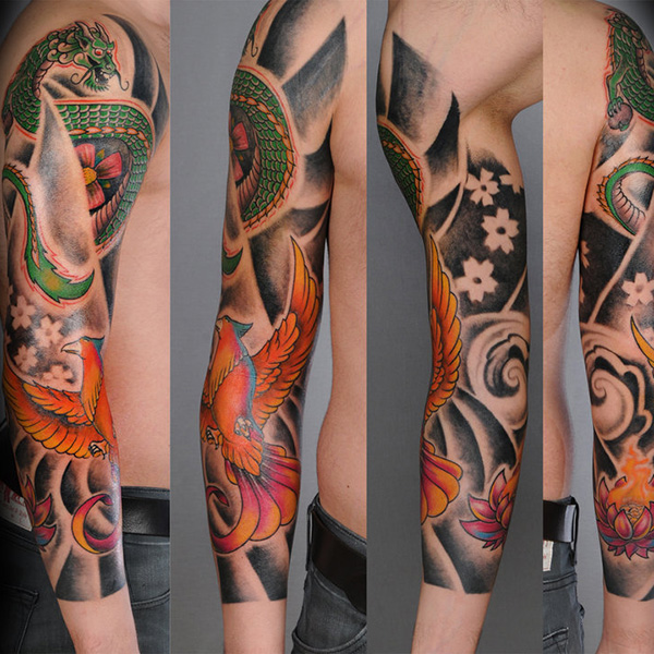 Colorful Phoenix With Dragon Tattoo On Man Right Full Sleeve
