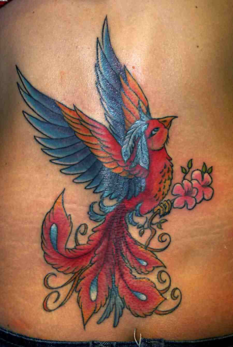 Colorful Phoenix With Flowers Tattoo On Lower Back Onksy