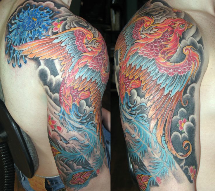 Colorful Phoenix With Flowers Tattoo On Man Right Half Sleeve