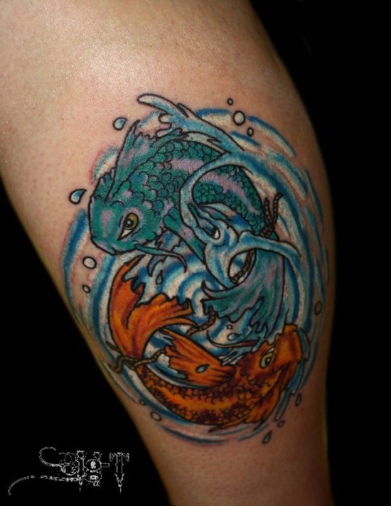 Colorful Pisces Zodiac Sign Tattoo Design For Leg Calf