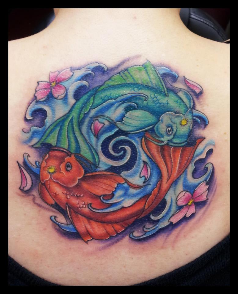 Colorful Pisces Zodiac Sign Tattoo Design For Upper Back By JasonHanks