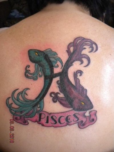 Colorful Pisces Zodiac Sign With Banner Tattoo On Upper Back By Cheshirepinky