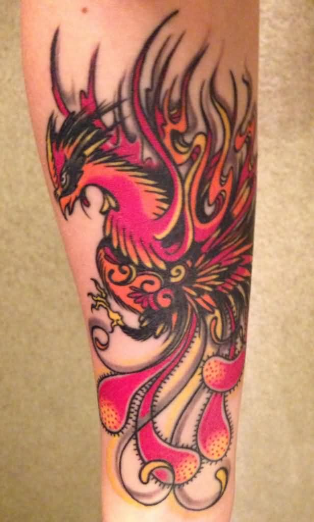 Colorful Rising Phoenix From The Ashes Tattoo Design For Sleeve