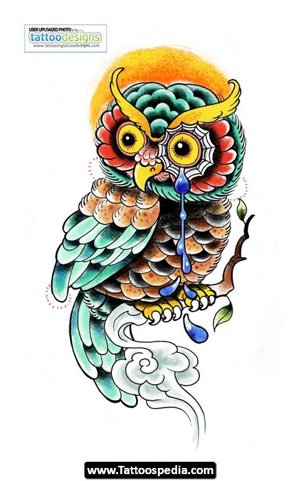 Colorful Traditional Crying Owl Tattoo Design