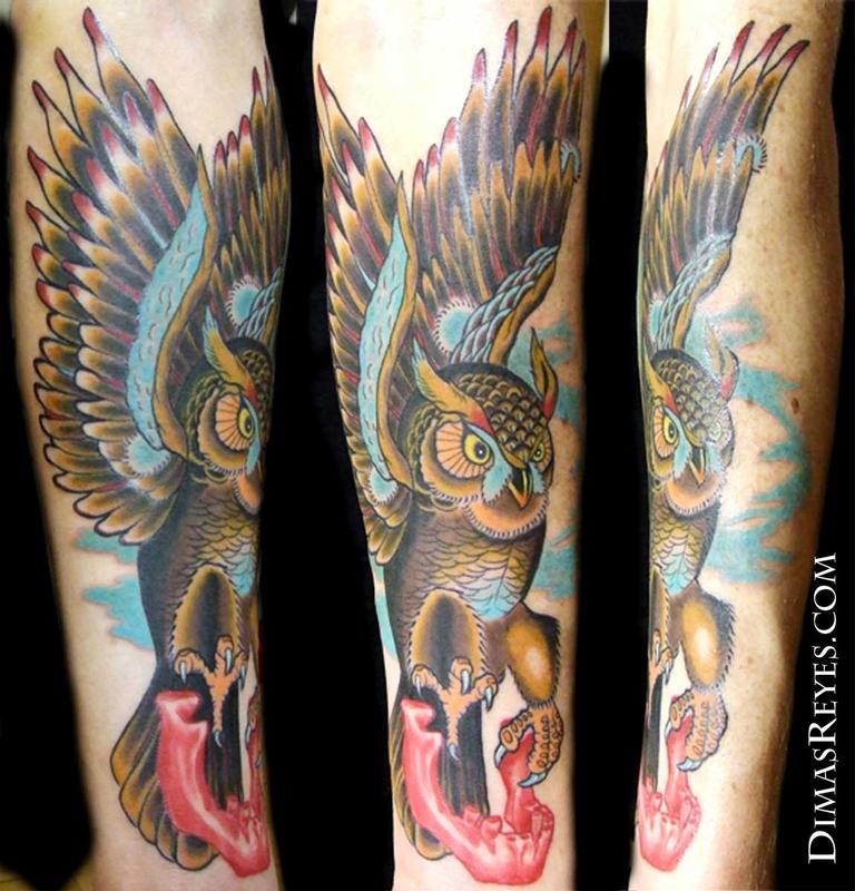 Colorful Traditional Flying Owl Tattoo Design For Sleeve